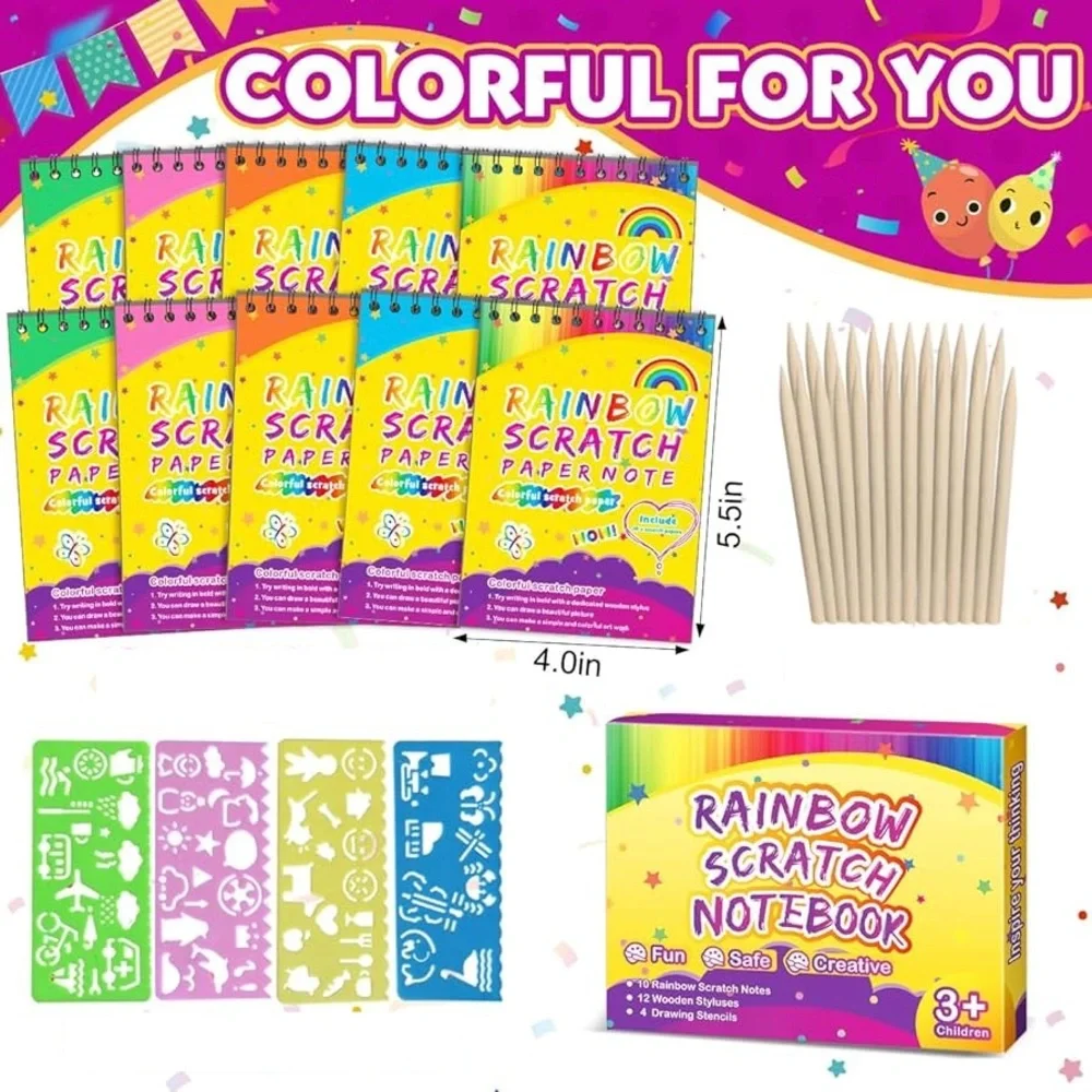 Party Favors for Kids 4-8-12: 10 Pack Scratch Rainbow Art Crafts Notebook